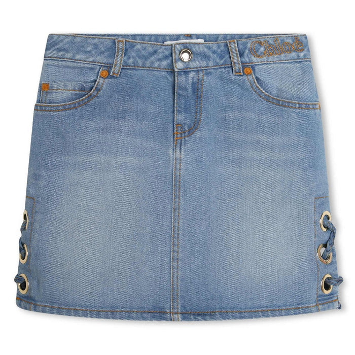 Logo Embroidered Bleached Denim Skirt