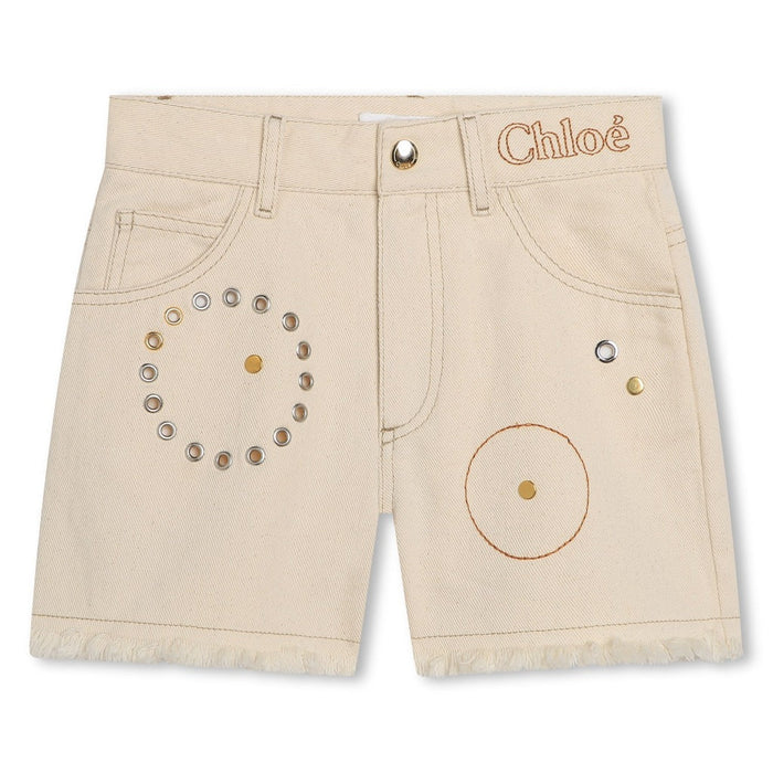 Eyelet Detail Cotton Denim Shorts