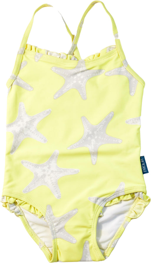 A Yellow Swimsuits from Frolik in size 2T for girl. (Front View)