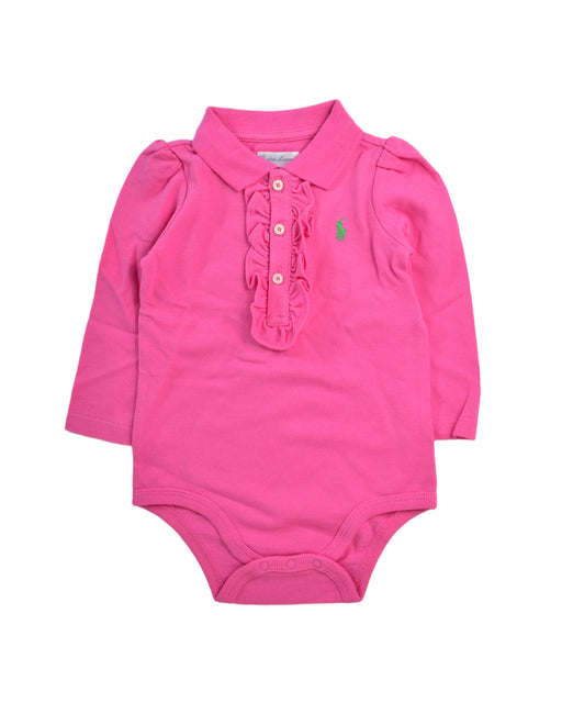 A Pink Long Sleeve Bodysuits from Polo Ralph Lauren in size 6-12M for girl. (Front View)