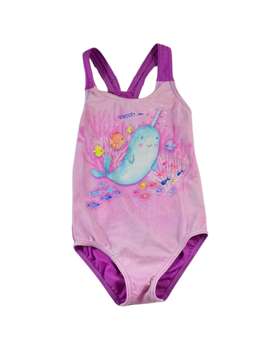 A Purple Swimsuits from Speedo in size 4T for girl. (Front View)