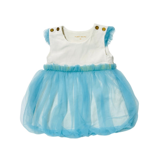 A Blue Sleeveless Dresses from Le Petit Society in size 0-3M for girl. (Front View)