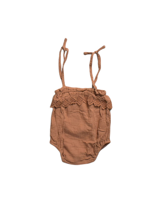 A Brown Sleeveless Rompers from Rylee + Cru in size 3-6M for neutral. (Back View)